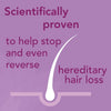 Purple background with text about scientifically proven hair loss treatment and a white hair illustration.