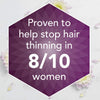 A purple hexagonal graphic with white text reading 'Proven to help stop hair thinning in 8/10 women' on a light background with faint flowers and petals.