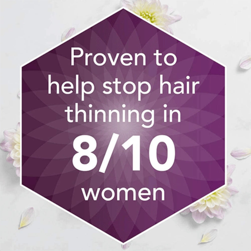 A purple hexagonal graphic with white text reading 'Proven to help stop hair thinning in 8/10 women' on a light background with faint flowers and petals.