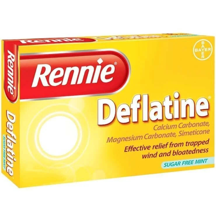 Box of Rennie Deflatine Tablets on a white background