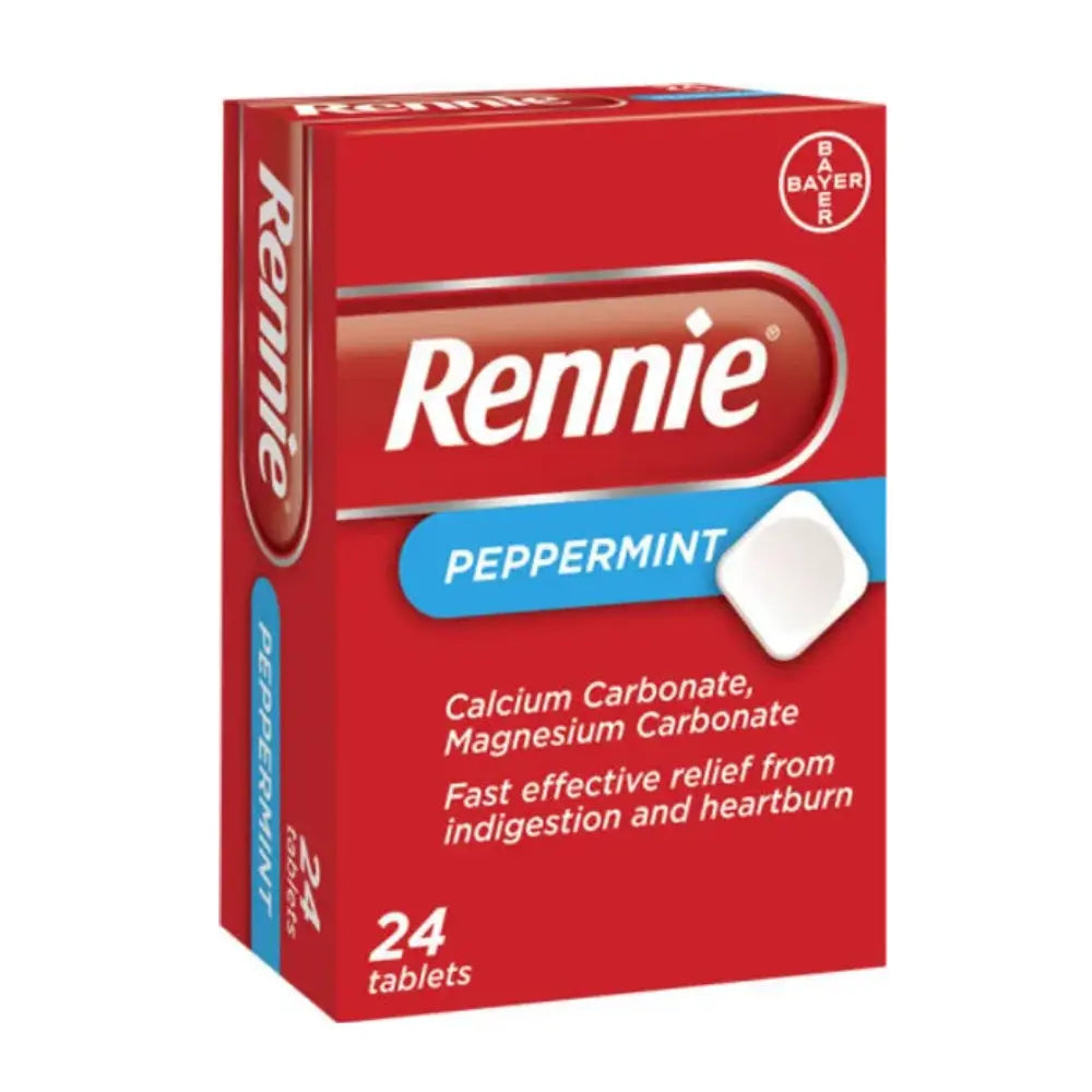 A red box of Rennie Peppermint 24 tablets, showing the Bayer logo and product details on a plain white background.
