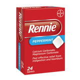 A red box of Rennie Peppermint 24 tablets, showing the Bayer logo and product details on a plain white background.