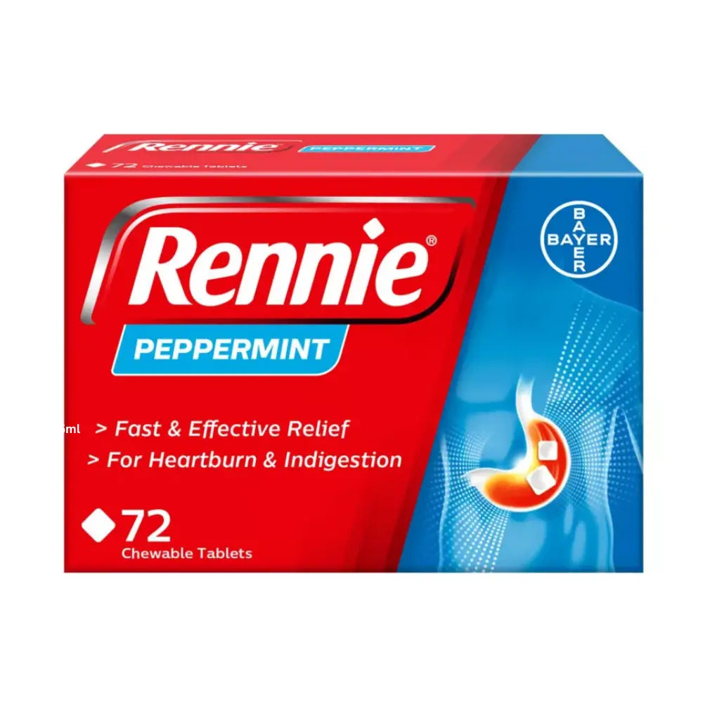A box of Bayer Rennie Peppermint Chewable 72 Tablets, featuring a red and blue package design with white branding and a graphic of a stomach.