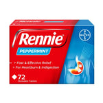 A box of Bayer Rennie Peppermint Chewable 72 Tablets, featuring a red and blue package design with white branding and a graphic of a stomach.