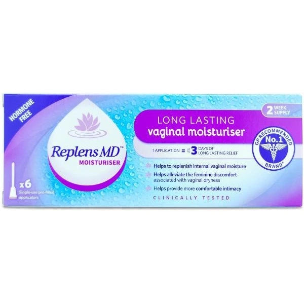 Replens MD Long Lasting Vaginal Moisturiser packaging with 6 single-use applications.