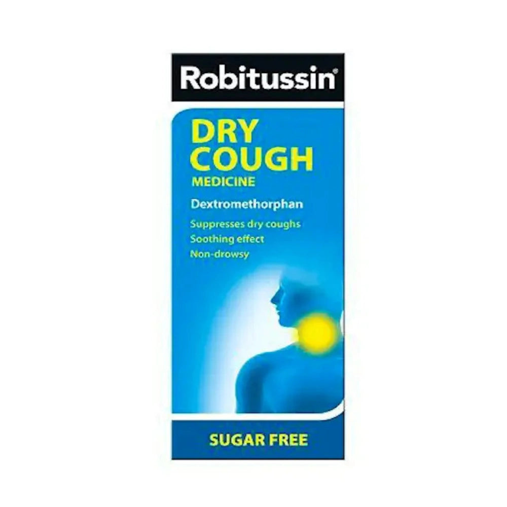 A vertical box of Robitussin Dry Cough Medicine, featuring a blue and white design with yellow text and a graphic of a human neck and head with a yellow coughing area highlighted.