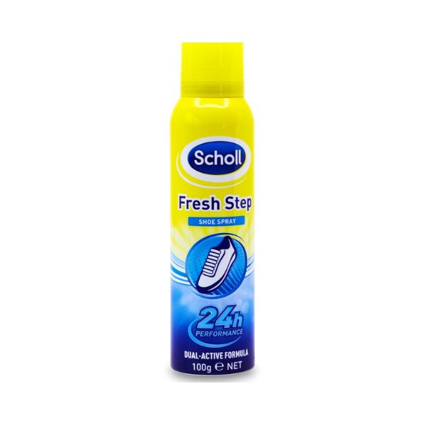 Scholl Athletes Foot Spray bottle on a white background, spray nozzle facing the camera