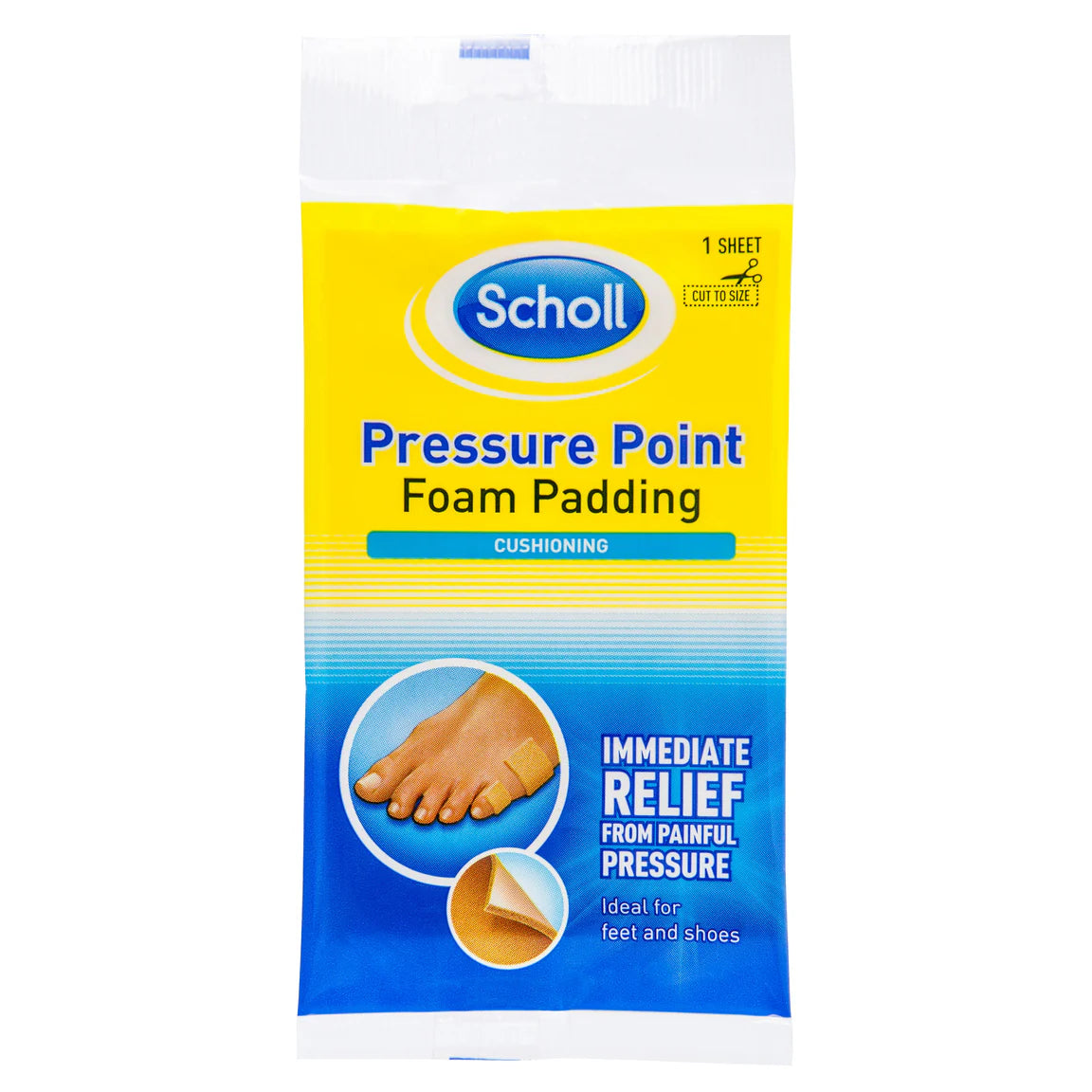 Scholl Pressure Point Foam Padding front packaging, offering pain relief and cushioning.
