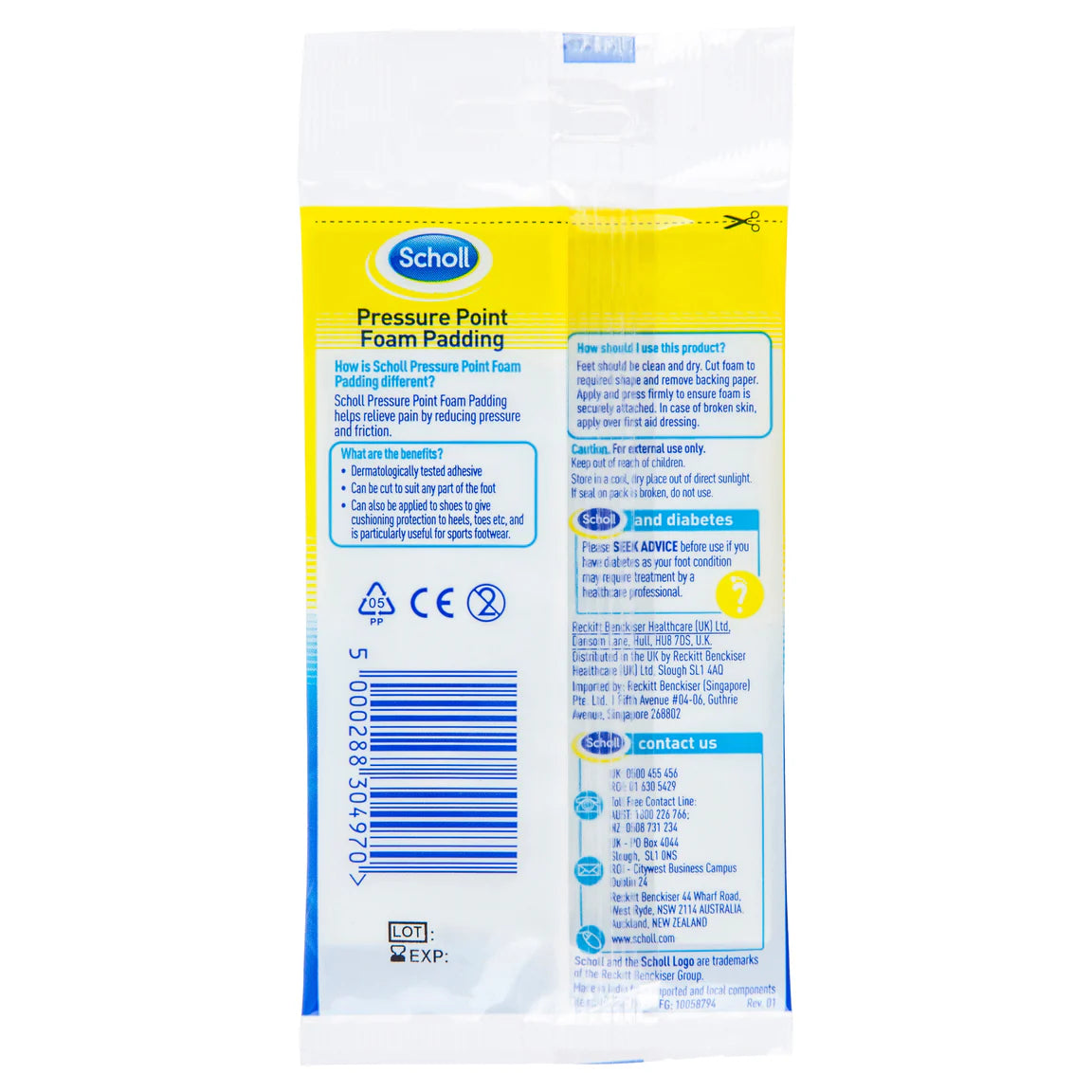 Scholl Pressure Point Foam Padding back packaging with usage instructions and warnings.
