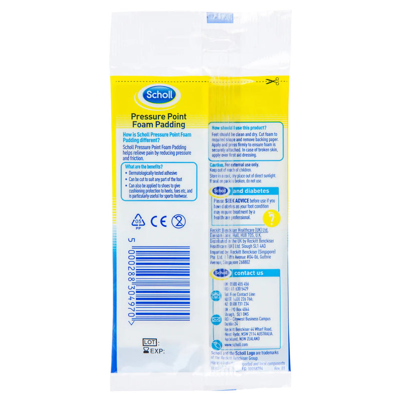 Scholl Pressure Point Foam Padding back packaging with usage instructions and warnings.