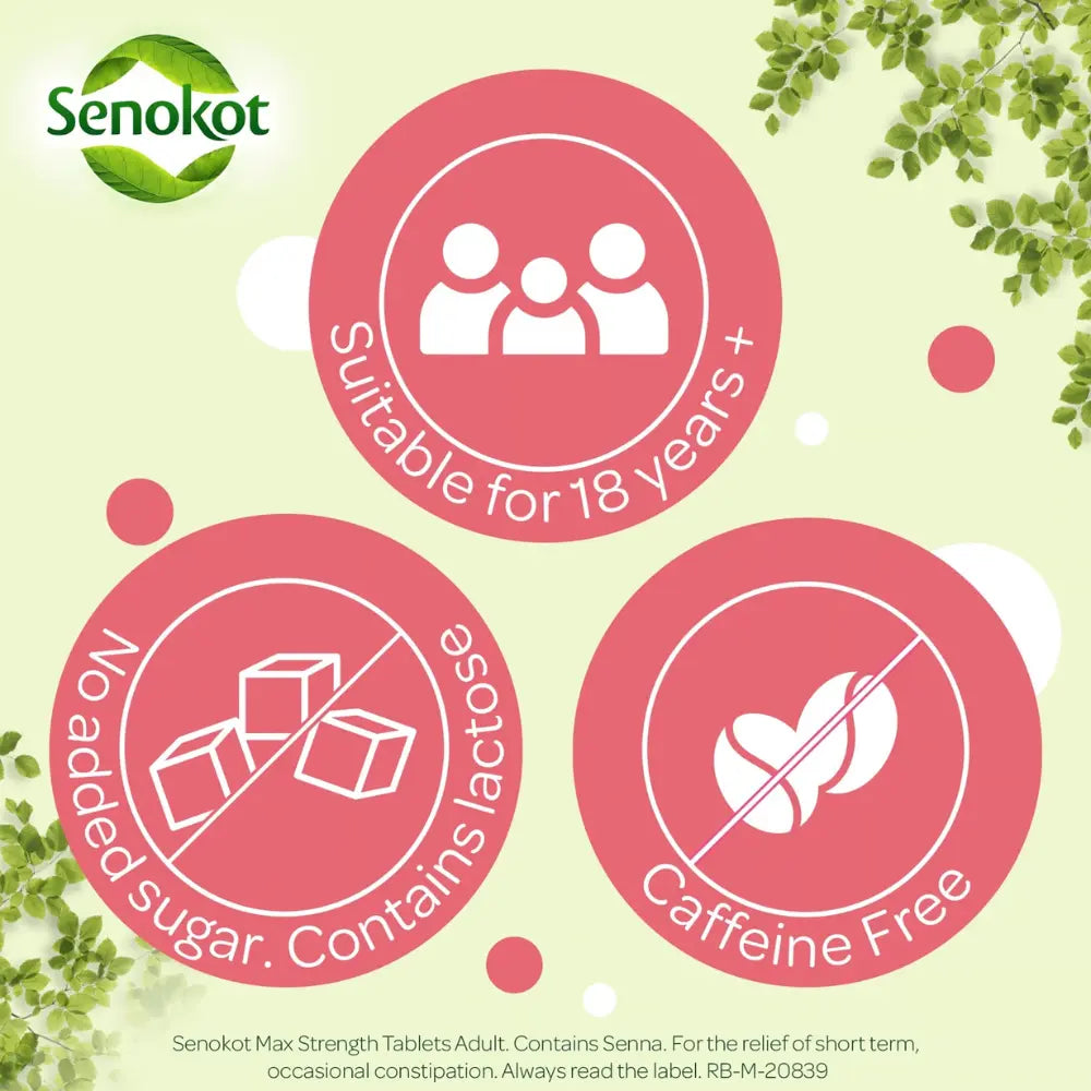 Senokat product label with icons indicating suitability for age, no added sugar, lactose, and caffeine free on a light green background.