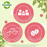 Senokat product label with icons indicating suitability for age, no added sugar, lactose, and caffeine free on a light green background.
