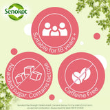 Senokat product label with icons indicating suitability for age, no added sugar, lactose, and caffeine free on a light green background.