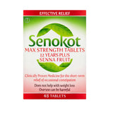 A box of Senokot Max Strength Tablets on a plain white background. The packaging features a green and white design with red accents, displaying the brand name 'Senokot' and product details including '12 Years Plus Senna Fruit' and '48 Tablets'.