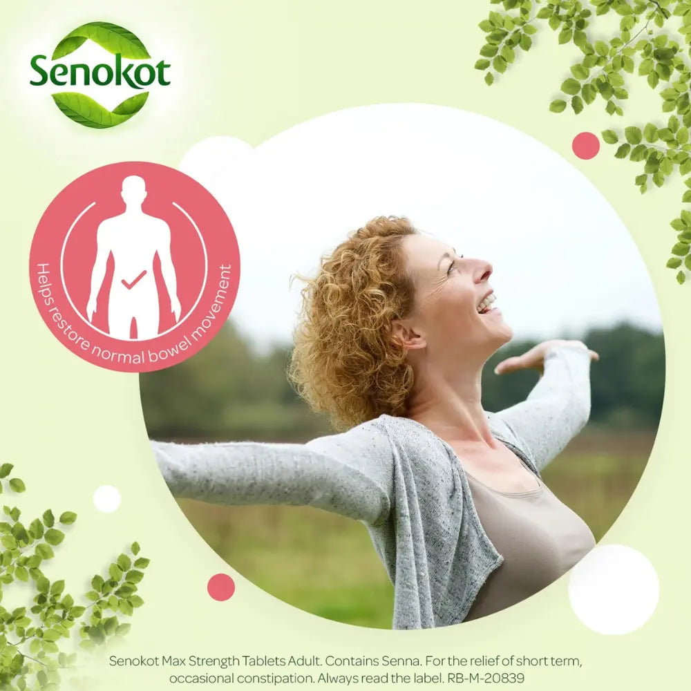 Senokot Max Strength Tablets product information graphic featuring a smiling woman with curly hair in an outdoor setting, framed in a circular cutout. The graphic includes the Senokot brand logo, a red circular icon with a human silhouette and text about helping restore normal bowel movement, decorative green leaves, and product details at the bottom.