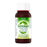 A bottle of Senokot 12 Years Plus syrup, 150 ml, featuring a white cap and a green and white label on a white background.