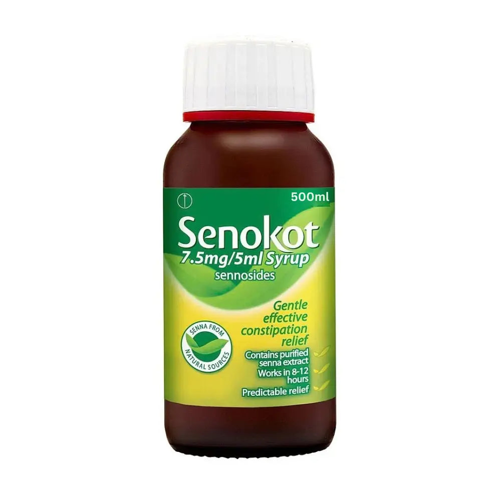 A 500ml bottle of Senokot 7.5mg/5ml Syrup, featuring a dark brown bottle, a white cap, and a green and yellow label with white text.