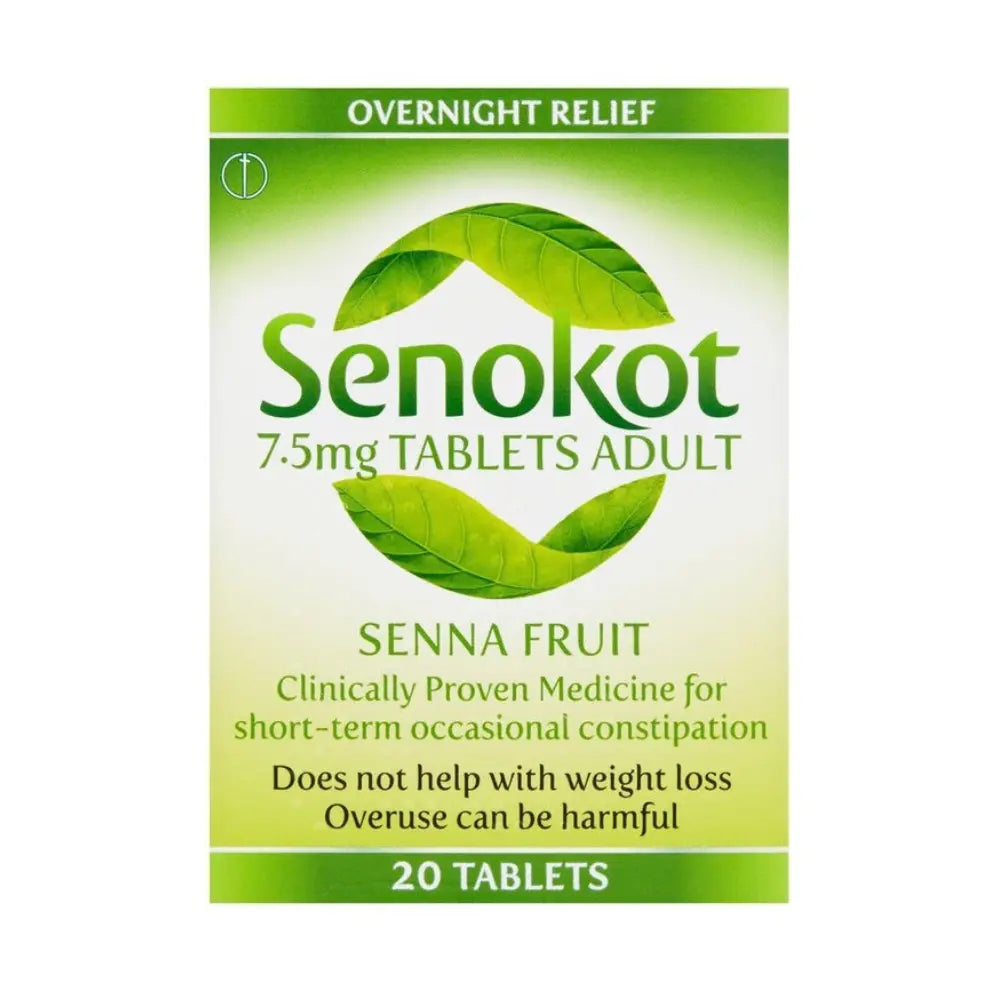 A box of Senokot 7.5mg Tablets Adult (Senna Fruit) for overnight relief, featuring a green and white design with leaf graphics.
