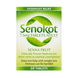 A box of Senokot 7.5mg Tablets Adult (Senna Fruit) for overnight relief, featuring a green and white design with leaf graphics.