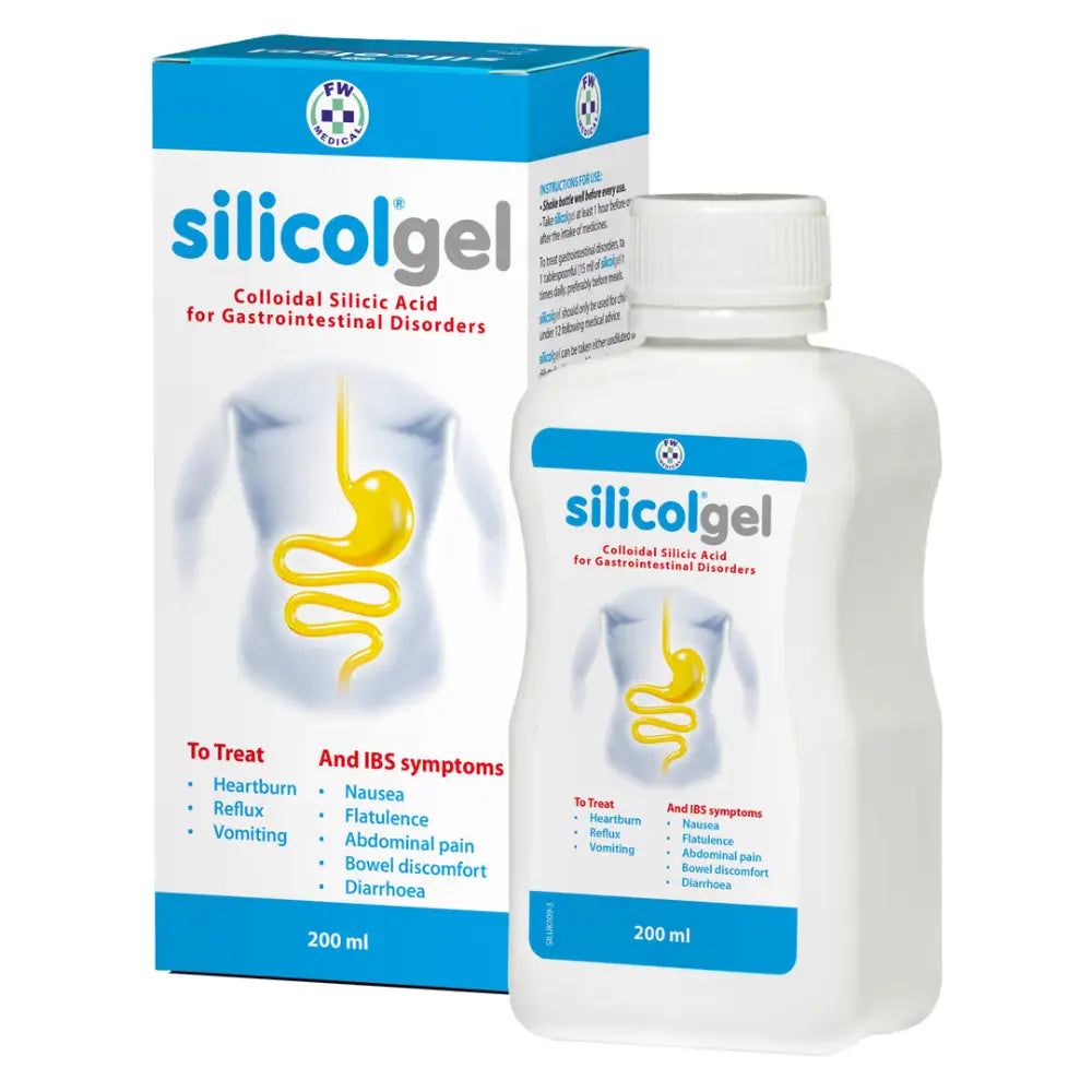 Silicolgel colloidal silicic acid gel shown with its retail box and a white plastic bottle, both featuring blue and white packaging with a yellow stomach graphic.