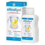Silicolgel colloidal silicic acid gel shown with its retail box and a white plastic bottle, both featuring blue and white packaging with a yellow stomach graphic.