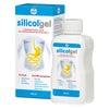 Silicolgel colloidal silicic acid gel shown with its retail box and a white plastic bottle, both featuring blue and white packaging with a yellow stomach graphic.