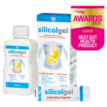 Silicolgel gastrointestinal supplement packaging shown on a white background, including a 200 ml bottle, a box, an individual sachet, and a pink award badge reading 'healthy awards 2026 gold best gut health product'.