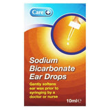 Care Sodium Bicarbonate Ear Drops 10ml box packaging, featuring a blue and orange design with a dropper graphic.
