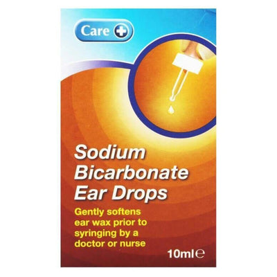 Care Sodium Bicarbonate Ear Drops 10ml box packaging, featuring a blue and orange design with a dropper graphic.