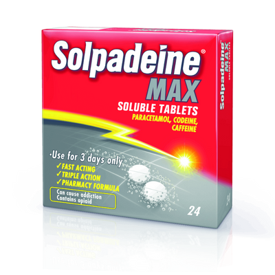 Box of Solpadeine Max soluble tablets on a white background