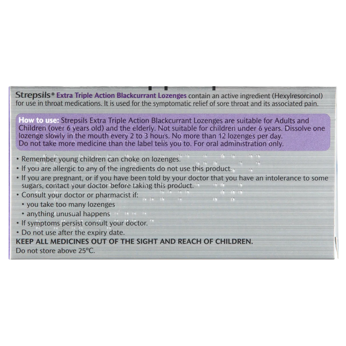 Strepsils Blackcurrant lozenge packaging with usage instructions on a white background