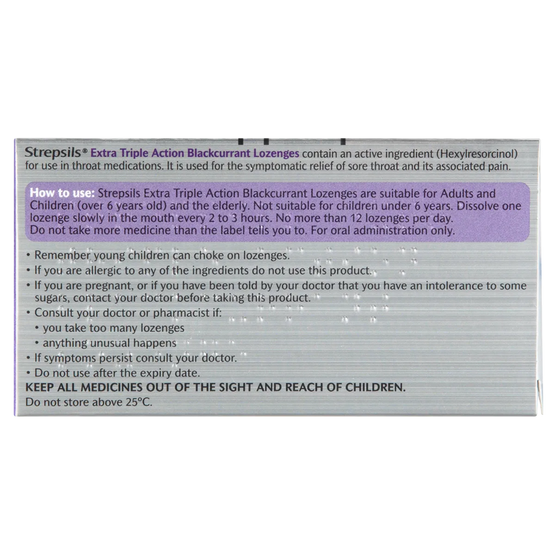 Strepsils Blackcurrant lozenge packaging with usage instructions on a white background
