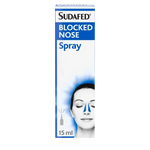 Sudafed Blocked Nose Nasal Spray 15ml: Sudafed Blocked Nose Spray 15ml box with a spray bottle icon and a face.