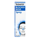 Sudafed Blocked Nose Nasal Spray 15ml: Sudafed Blocked Nose Spray 15ml box with a spray bottle icon and a face.
