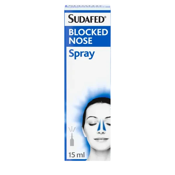 Sudafed Blocked Nose Nasal Spray 15ml: Sudafed Blocked Nose Spray 15ml box with a spray bottle icon and a face.