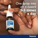 Sudafed Blocked Nose Spray (dosage): Hand holding Sudafed nasal spray; instructions: "One spray into each nostril 2-3 times a day."