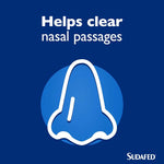 Sudafed Blocked Nose Spray (clear nasal passages): Sudafed text with a nose icon, stating "Helps clear nasal passages."