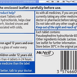 Sudafed Decongestant Tablets Pack Of 12 Pseudoephedrine Hydrochloride Back VIew