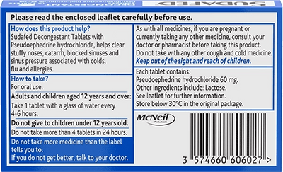 Sudafed Decongestant Tablets Pack Of 12 Pseudoephedrine Hydrochloride Back VIew