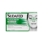 Sudafed Mucus Relief packaging with a person using a nasal strip on a white background