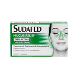 Sudafed Mucus Relief packaging with a person using a nasal strip on a white background