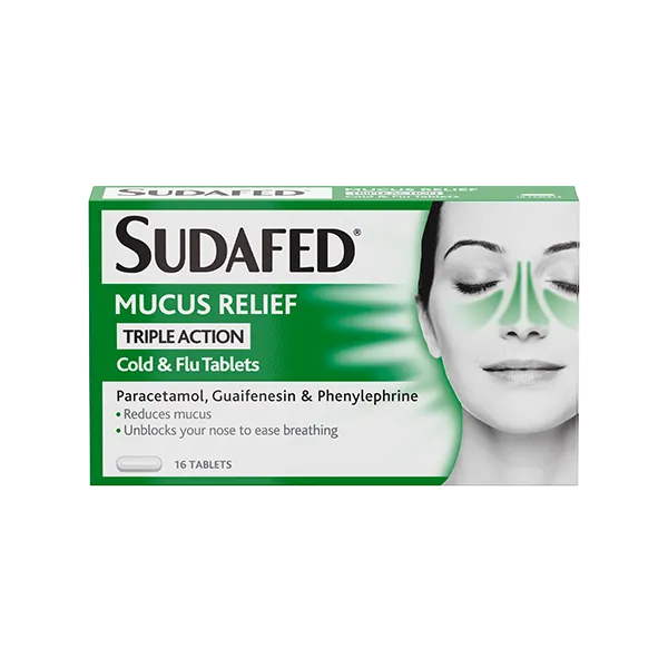 Sudafed Mucus Relief packaging with a person using a nasal strip on a white background