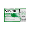 Sudafed Mucus Relief packaging with a person using a nasal strip on a white background