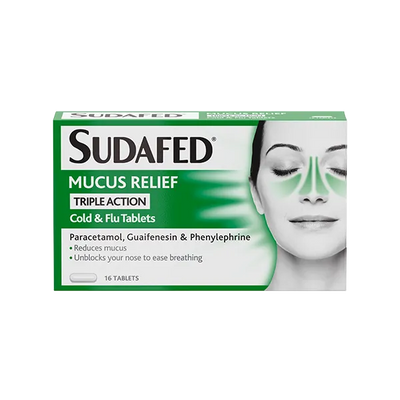 Sudafed Mucus Relief packaging with a person using a nasal strip on a white background