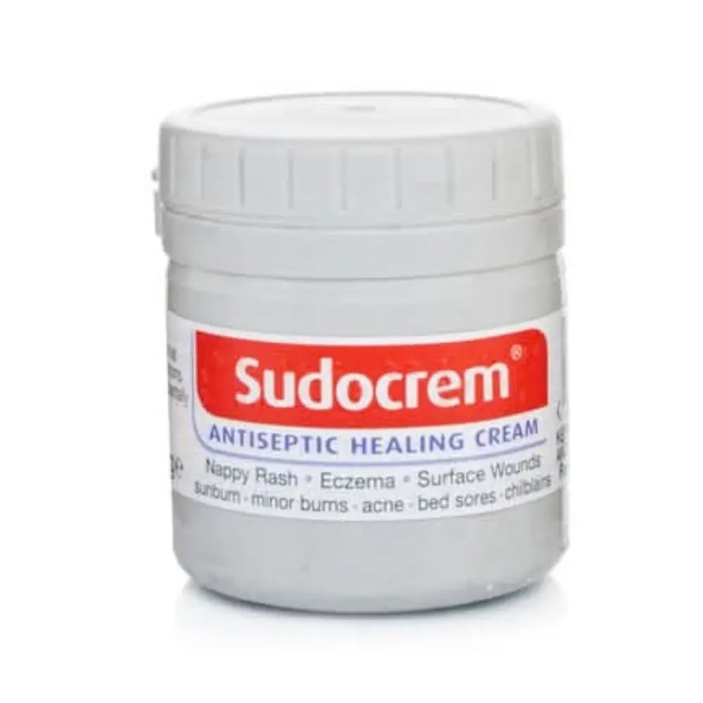 A white plastic jar of Sudocrem Antiseptic Healing Cream 60g with a white screw cap and a red and white label, shown on a white background.