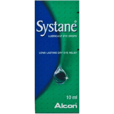 Systane lubricant eye drops packaging with Alcon branding on a white background