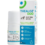 Thea Thealoz Duo Eye Drops 10ml (bottle & box): Thealoz Duo eye drops bottle and box for dry eye relief.