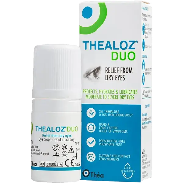 Thea Thealoz Duo Eye Drops 10ml (bottle & box): Thealoz Duo eye drops bottle and box for dry eye relief.