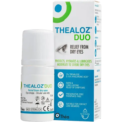 Thea Thealoz Duo Eye Drops 10ml (bottle & box): Thealoz Duo eye drops bottle and box for dry eye relief.