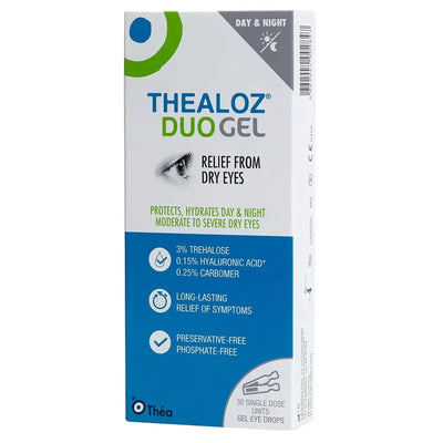 Thealoz DuoGel Relief From Dry Eyes in a white and blue box with green accents, featuring the Théa brand logo at the bottom.